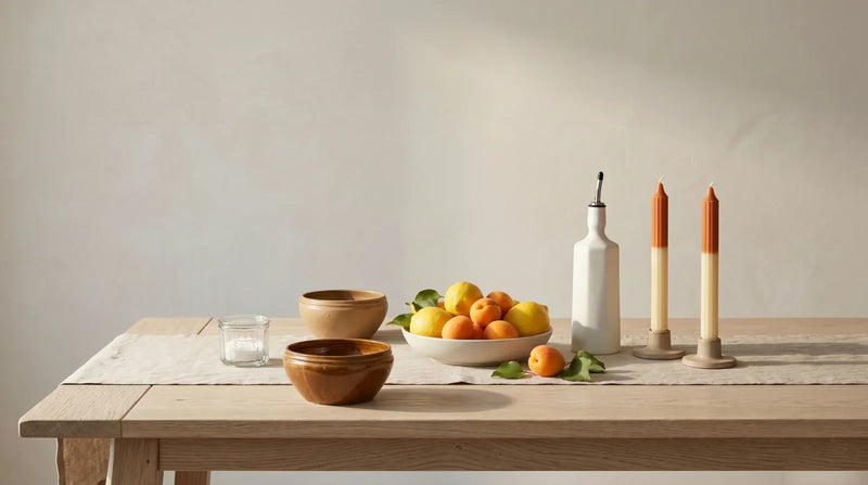 A summer table set without flowers — cream stoneware bowls, a pressed-glass salt cellar, a porcelain olive-oil dispenser and pleated taper candles on oat linen.