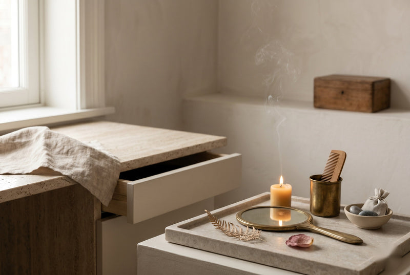 A travertine vanity by a window with a lit candle, a hand mirror and a small wooden box, a thread of smoke rising.