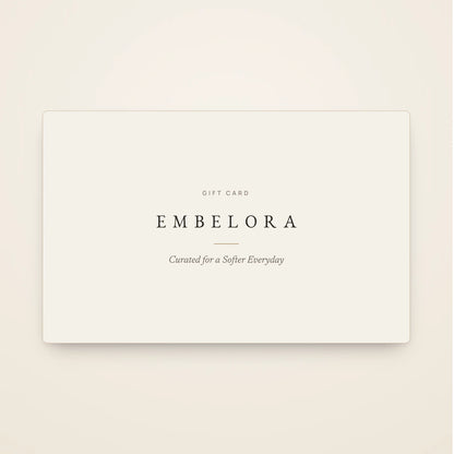 Embelora gift card in serif type on a soft porcelain card