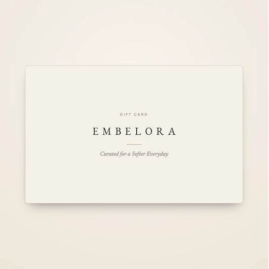 Embelora gift card in serif type on a soft porcelain card
